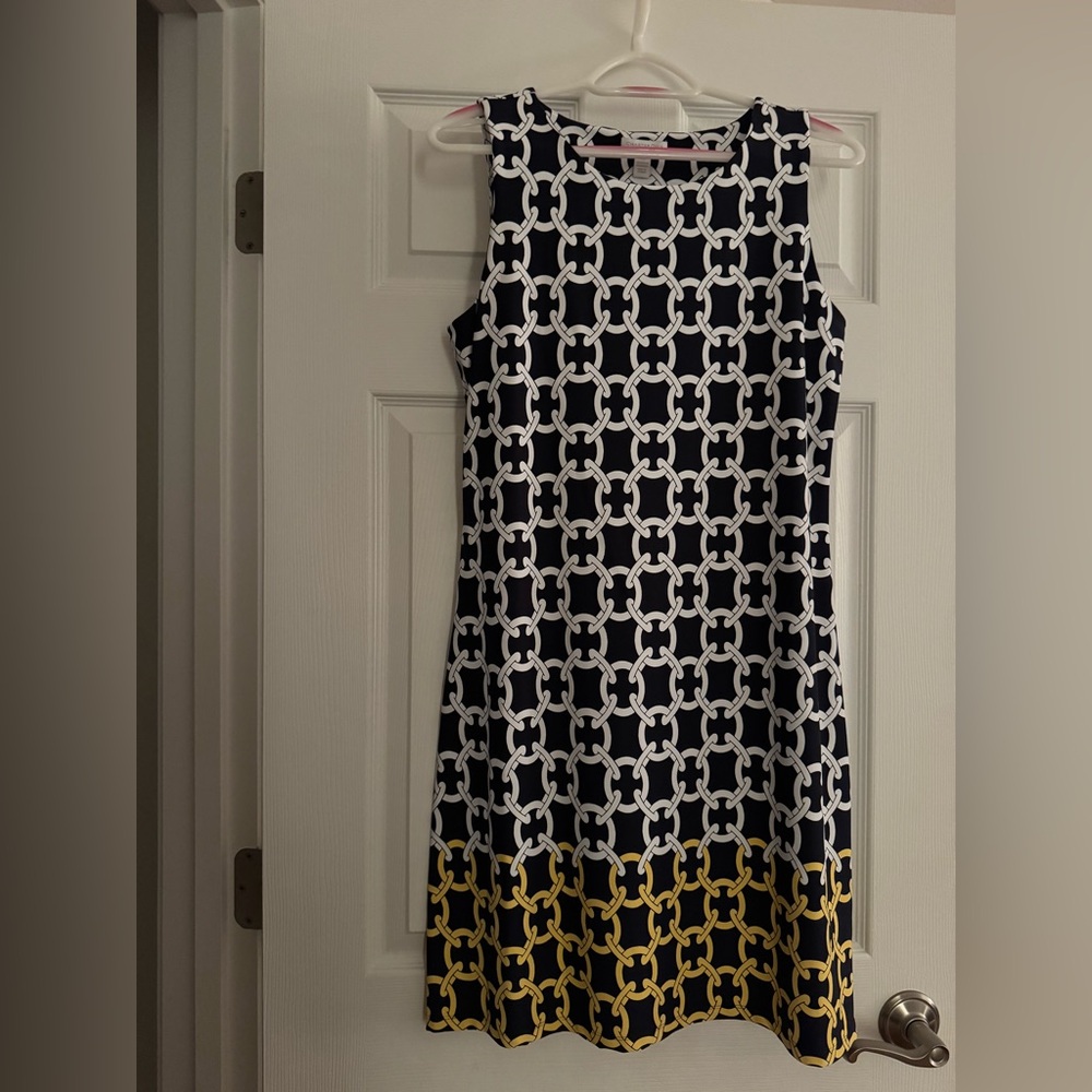 Charter Club Navy, White and Yellow Chain-Print Sleeveless Dress Petite Large